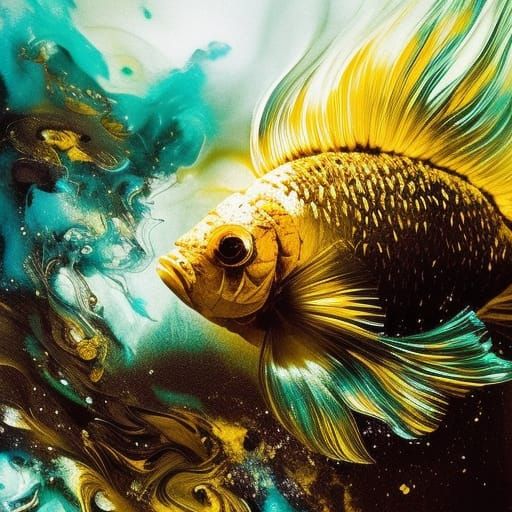 Fluffy Goldfish Portrait in Inkblot Art Style