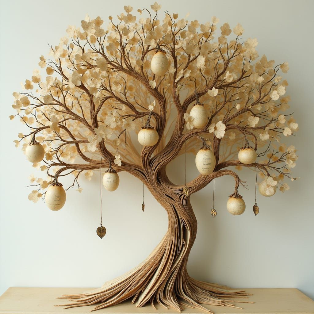 Whimsical Book Page Tree with Paper Fruits and Inked Wishes