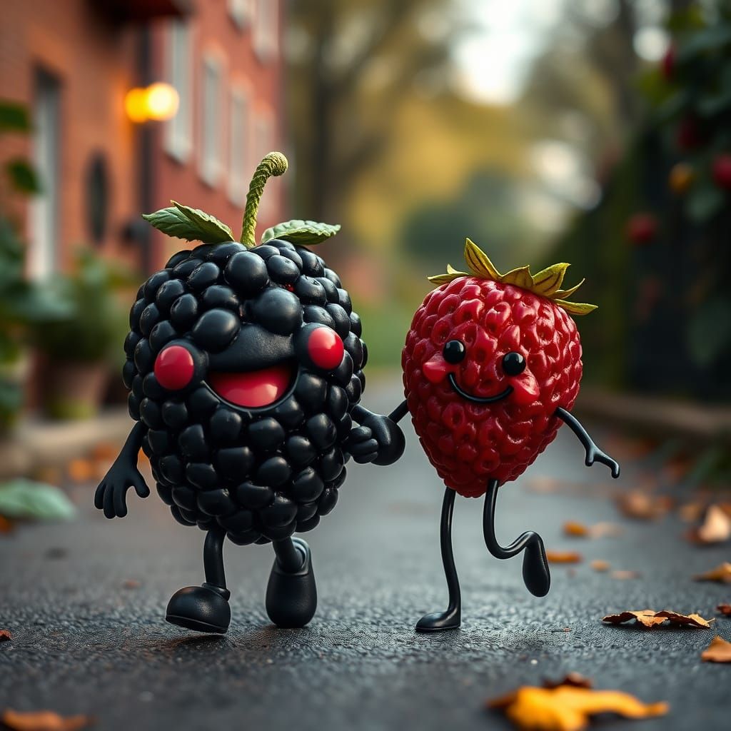 Vibrant Fruity Friends Stroll Through a Sunny Lane