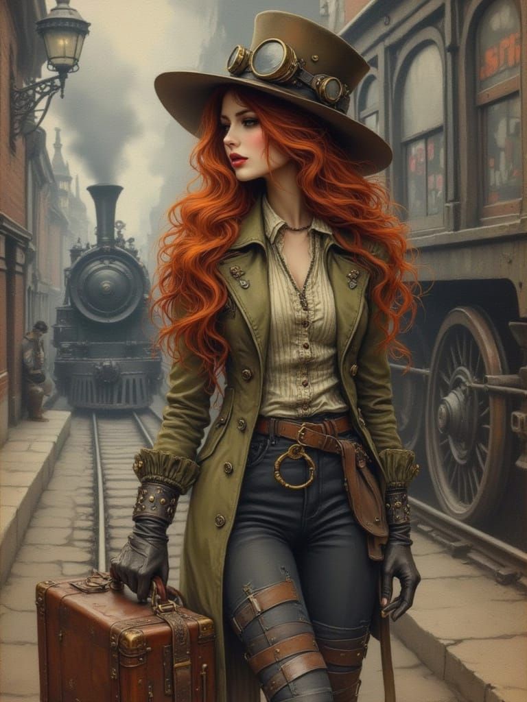Steampunk Woman on Train Platform