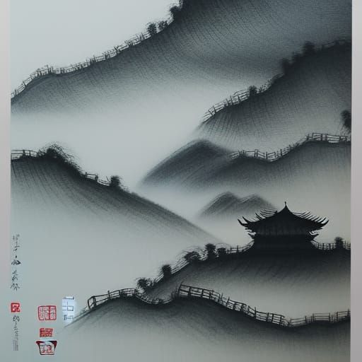 Classic Chinese Landscape in Intense Ink Brushwork