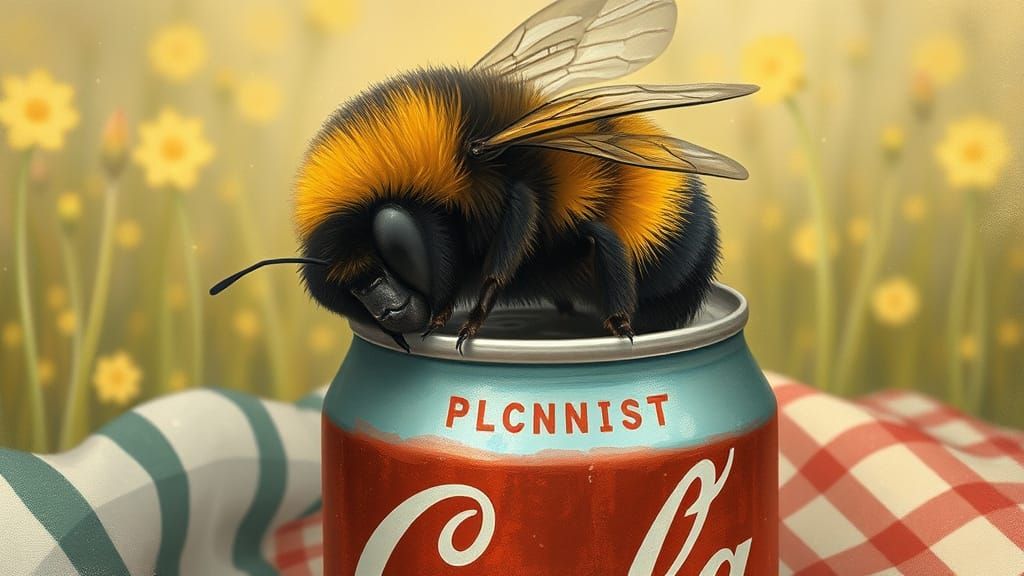 Bumblebee Sleeping on Soda Can, Whimsical Illustration