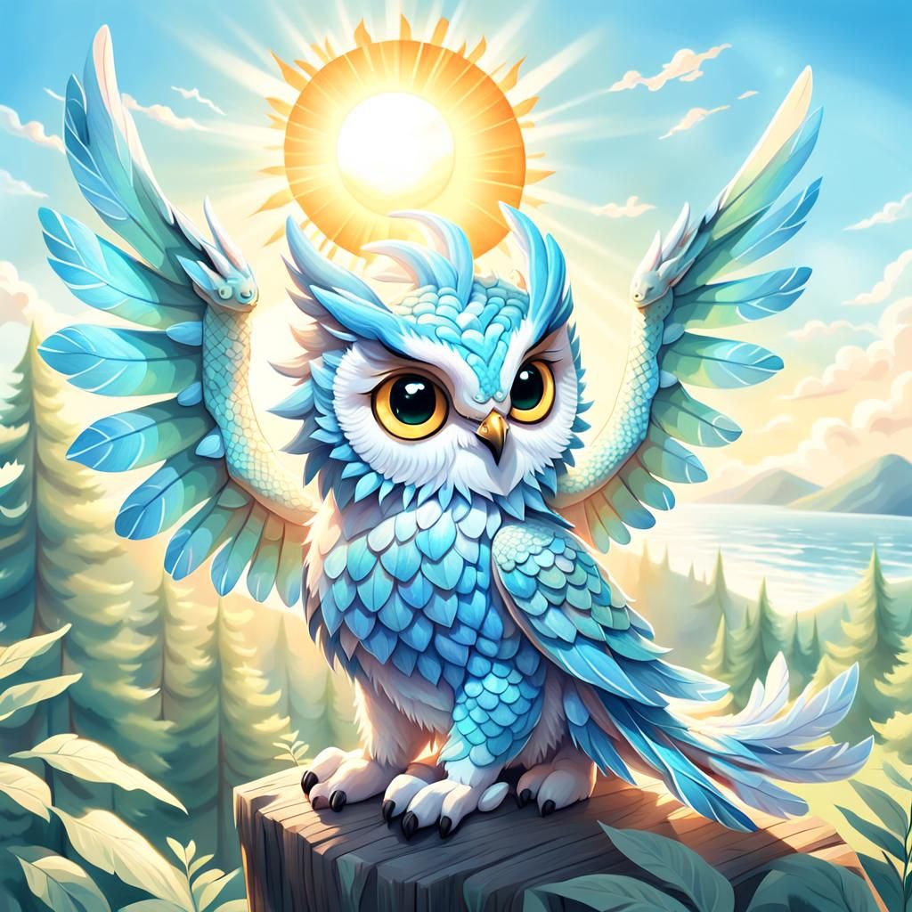 Whimsical Fantasy Dragon Owl Mix Under Soft Pastel Skies