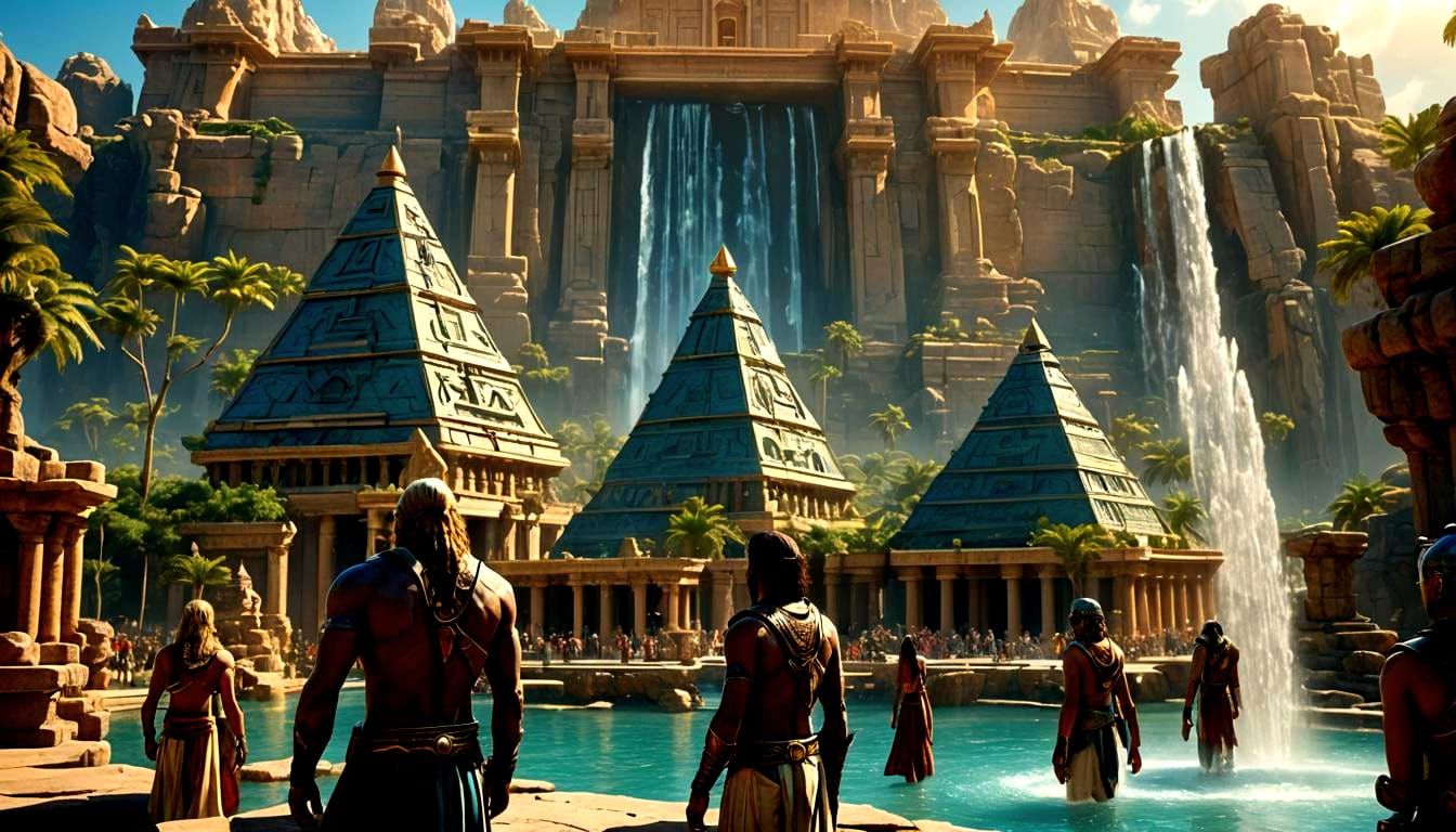 Ancient Temple Fountains of Atlantis in Golden Light