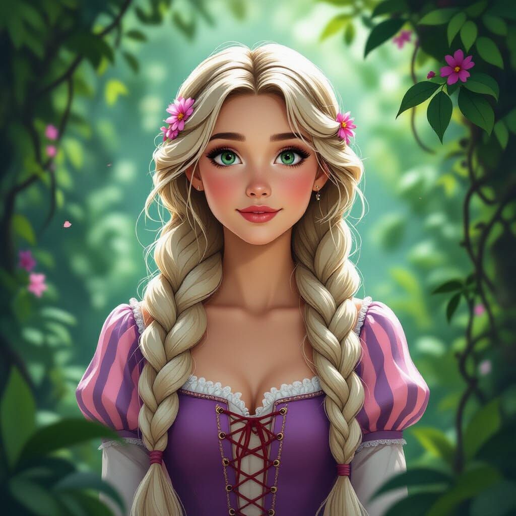 Rapunzel with White Braids in Fantasy Landscape