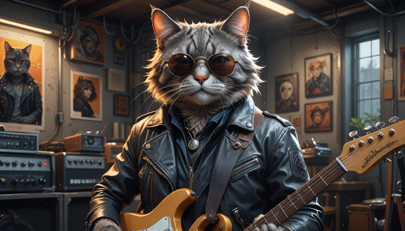 Cat Guitarist in Anime Art Style