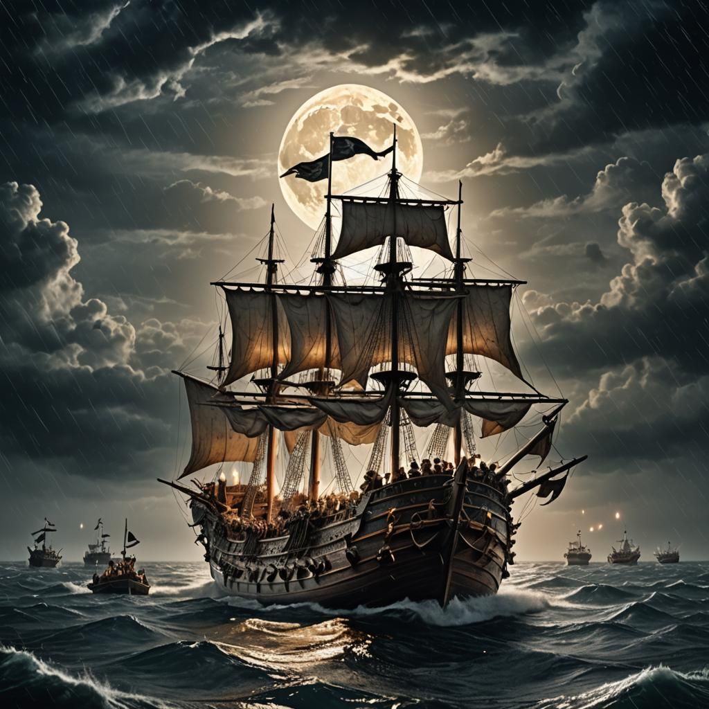 Medieval Warship Battles Under Full Moon