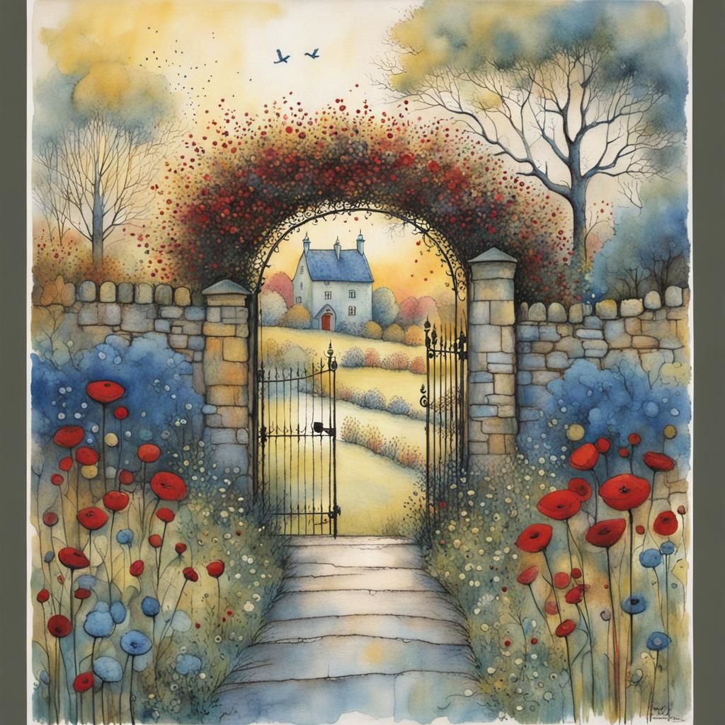 Surreal Garden Gate Awakens at Sunrise in Vibrant Whimsical....
