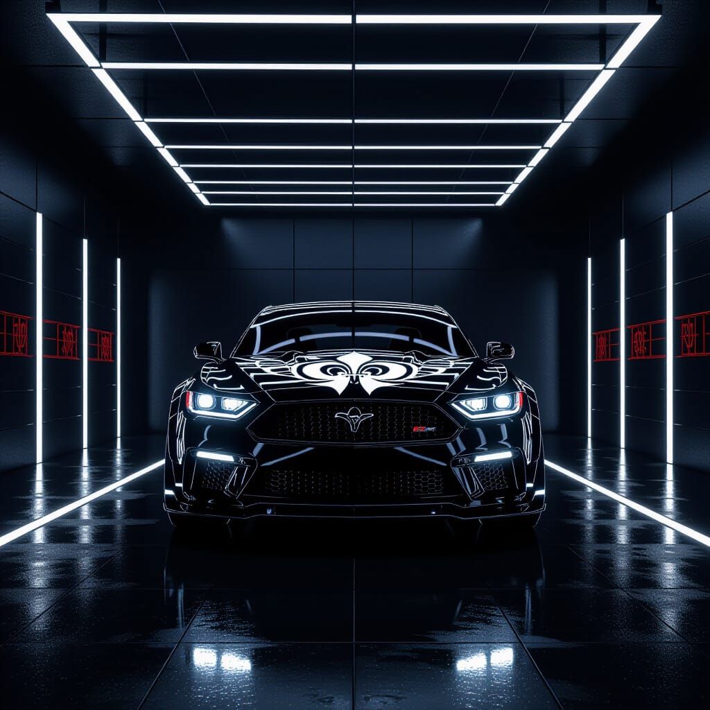 Futuristic Sedan in Monochromatic Garage 3D Render