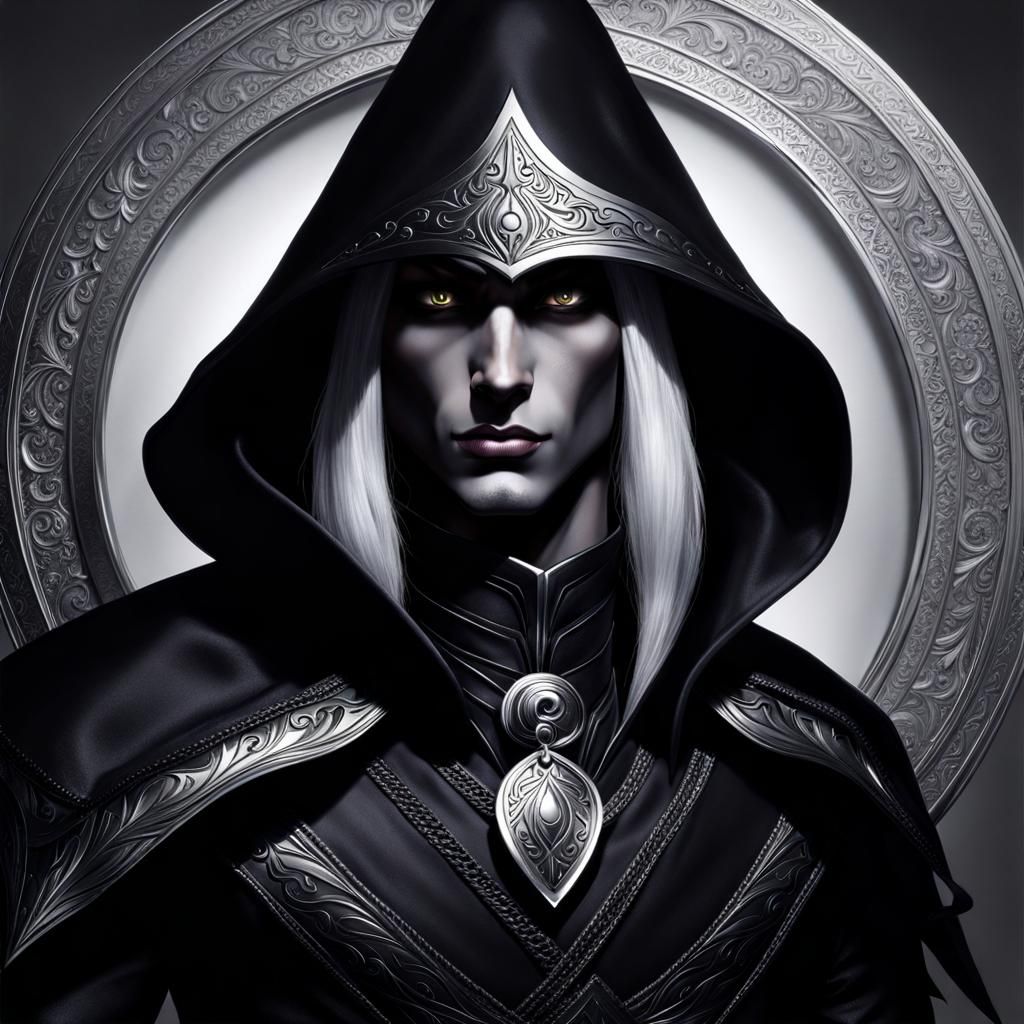male Christmas drow elf with skin of a matte black so dark it seems to be a shadow of itself. Silver eyes,