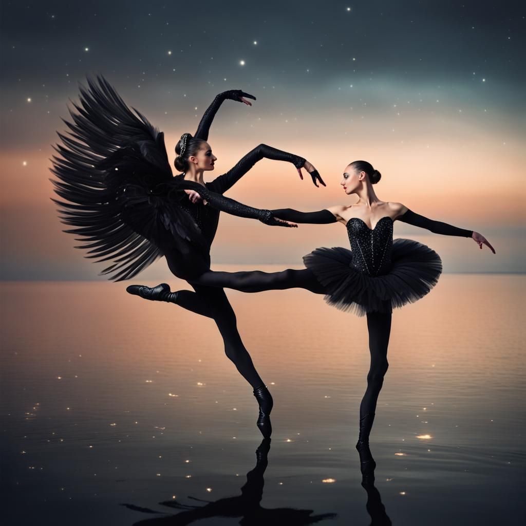 Balletic Black Swan Dances Under Starry Sea