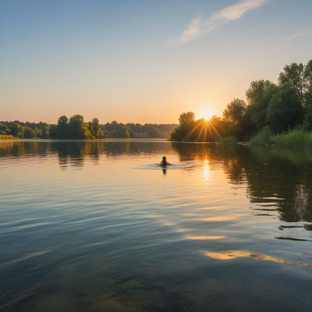 People Swimming in Lake: Impressionistic Summer Scene