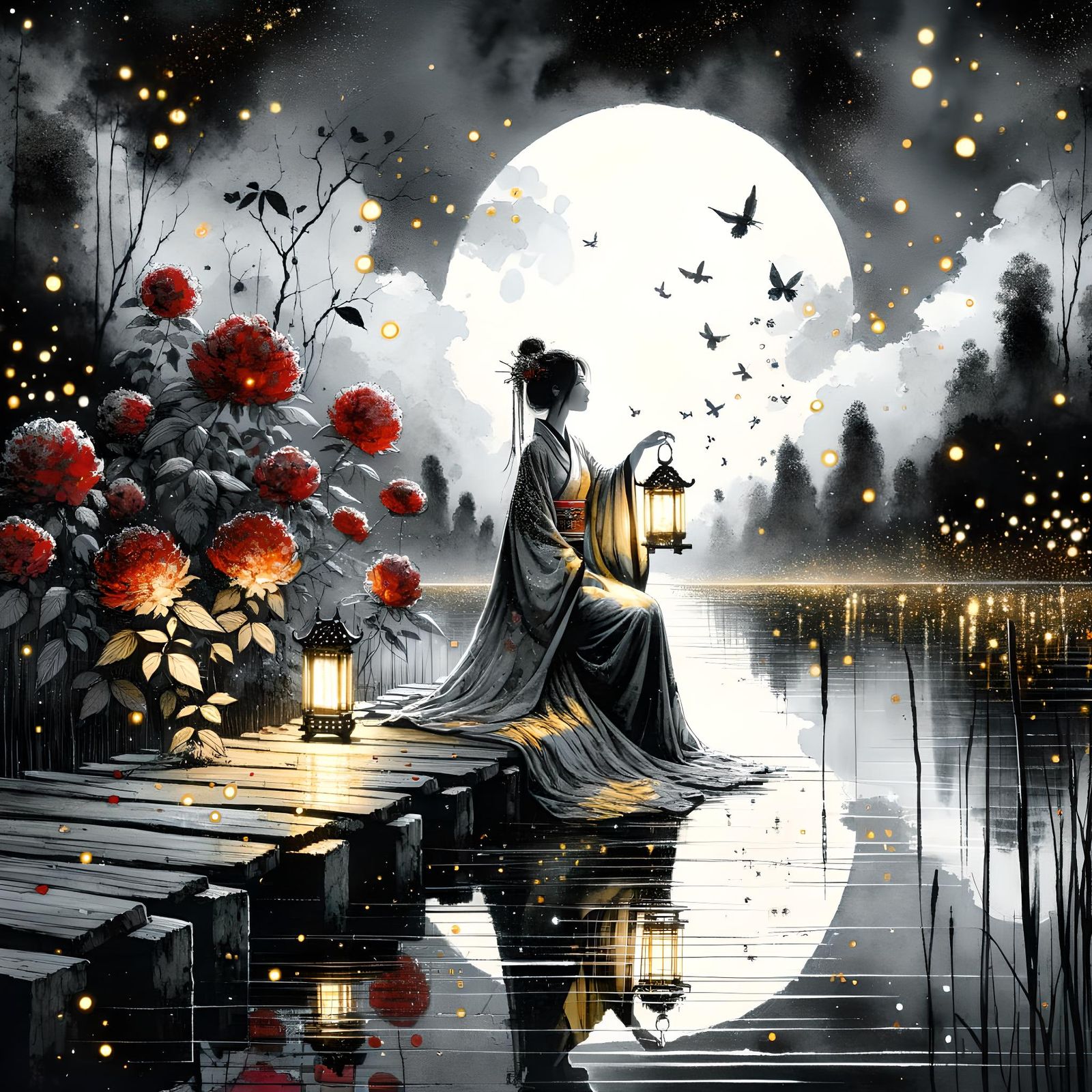 Luminous Night Serenade by the Lake