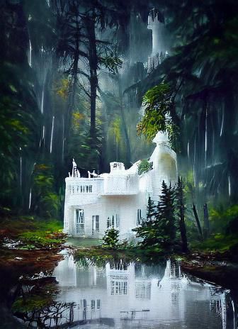 Stunning White Palace Amidst Rainy Forest in Cyberpunk Style