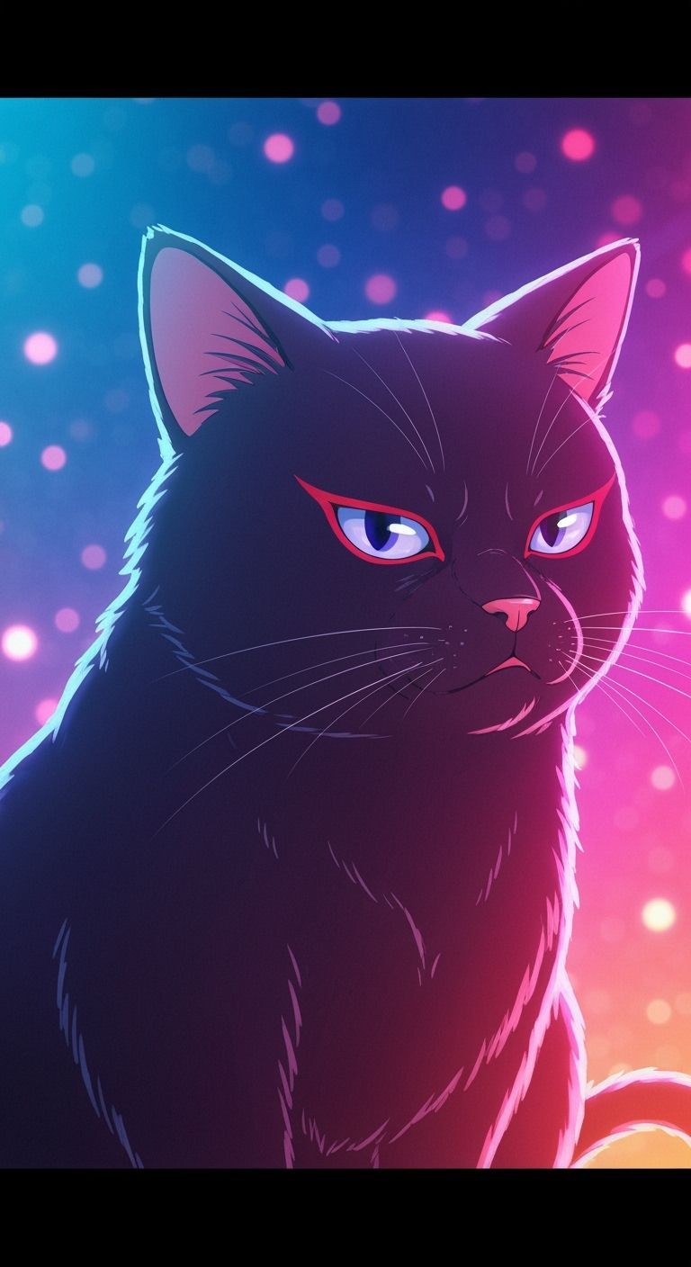 Grumpy Black Cat with Indigo Eyes in Ethereal Anime Style