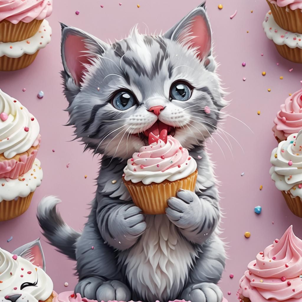 Cute Grey and White Kitten in Kawaii Anime-Inspired Art