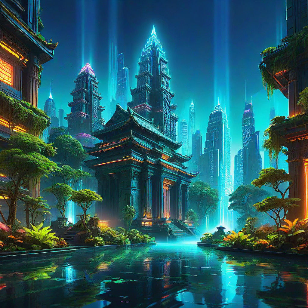 Ethereal Cyberpunk Metropolis Where Ancient and Modern Marve...
