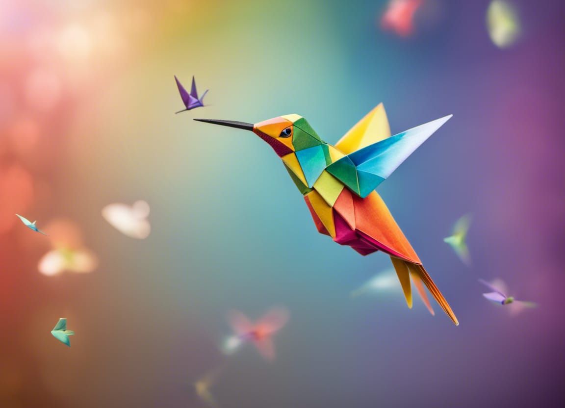 Origami rainbow Hummingbird fly away in the sky