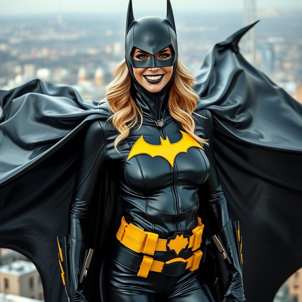 Batgirl in Shimmering Black Latex Cape and Leather Suit