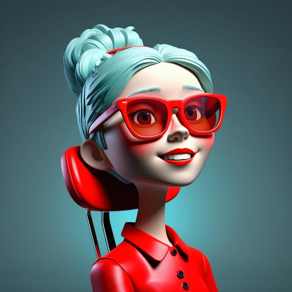 Expressive Woman in a Colorful Chair, Red Hair, and Dark Gla...