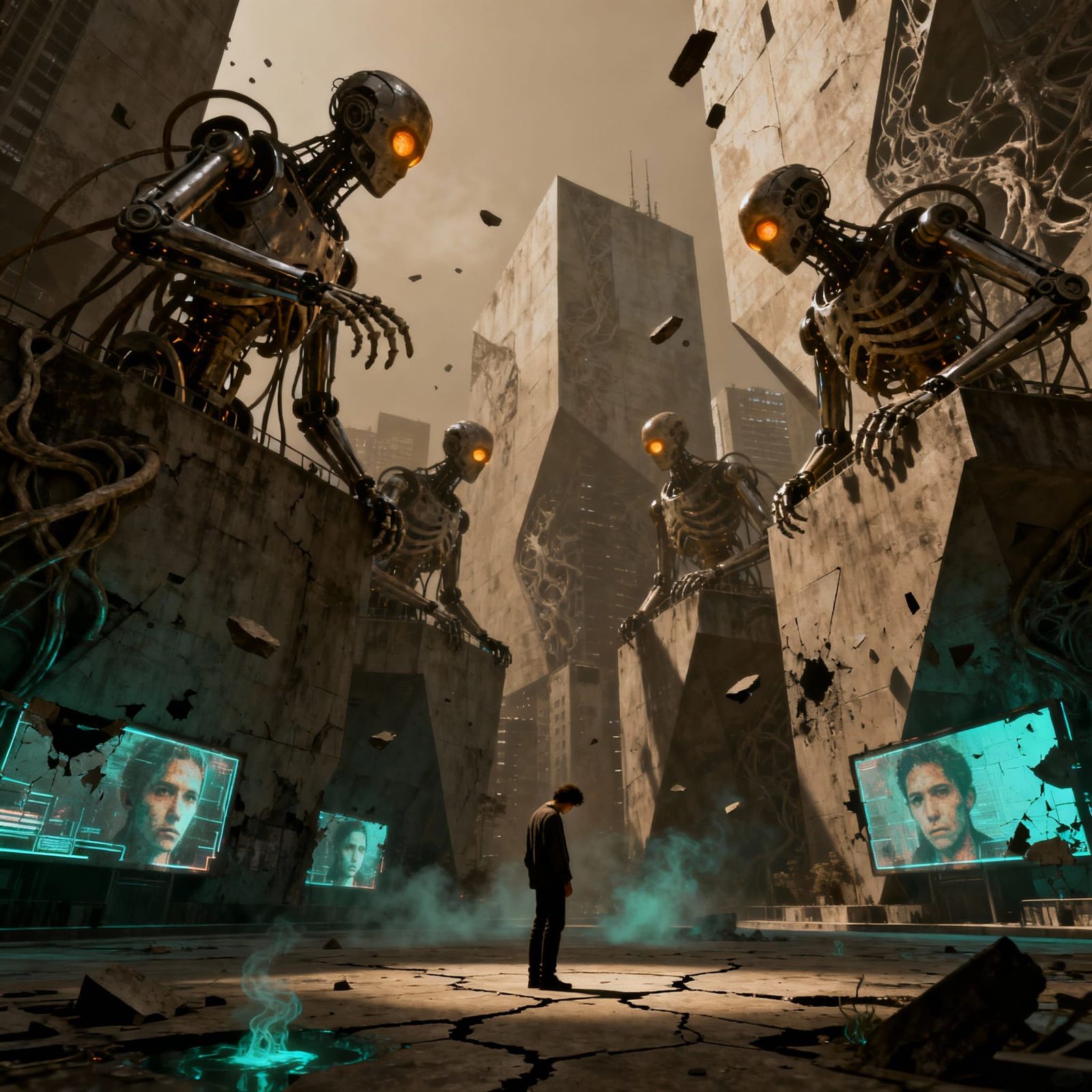 Surreal Cityscape with Robots Observing Human