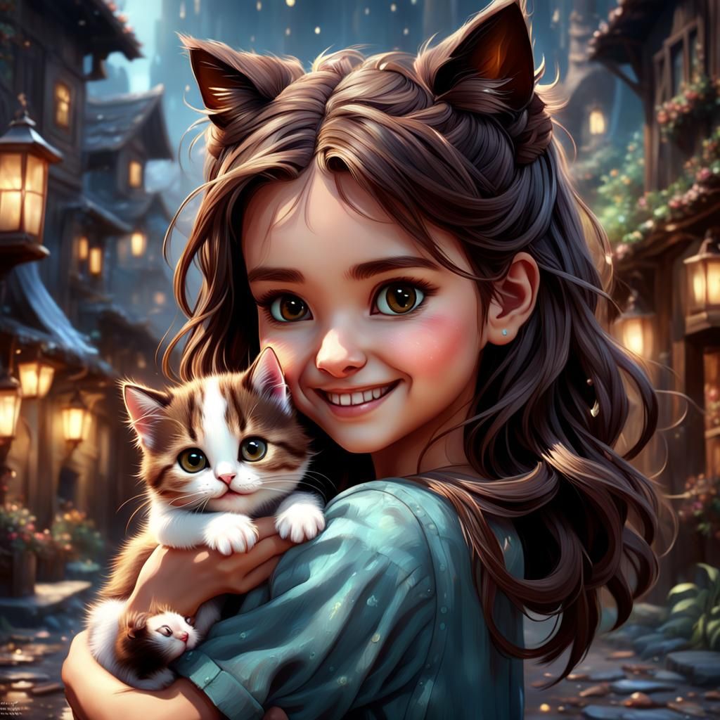Fantastical Girl and Kitten in a Dreamy, Detailed Matte Pain...