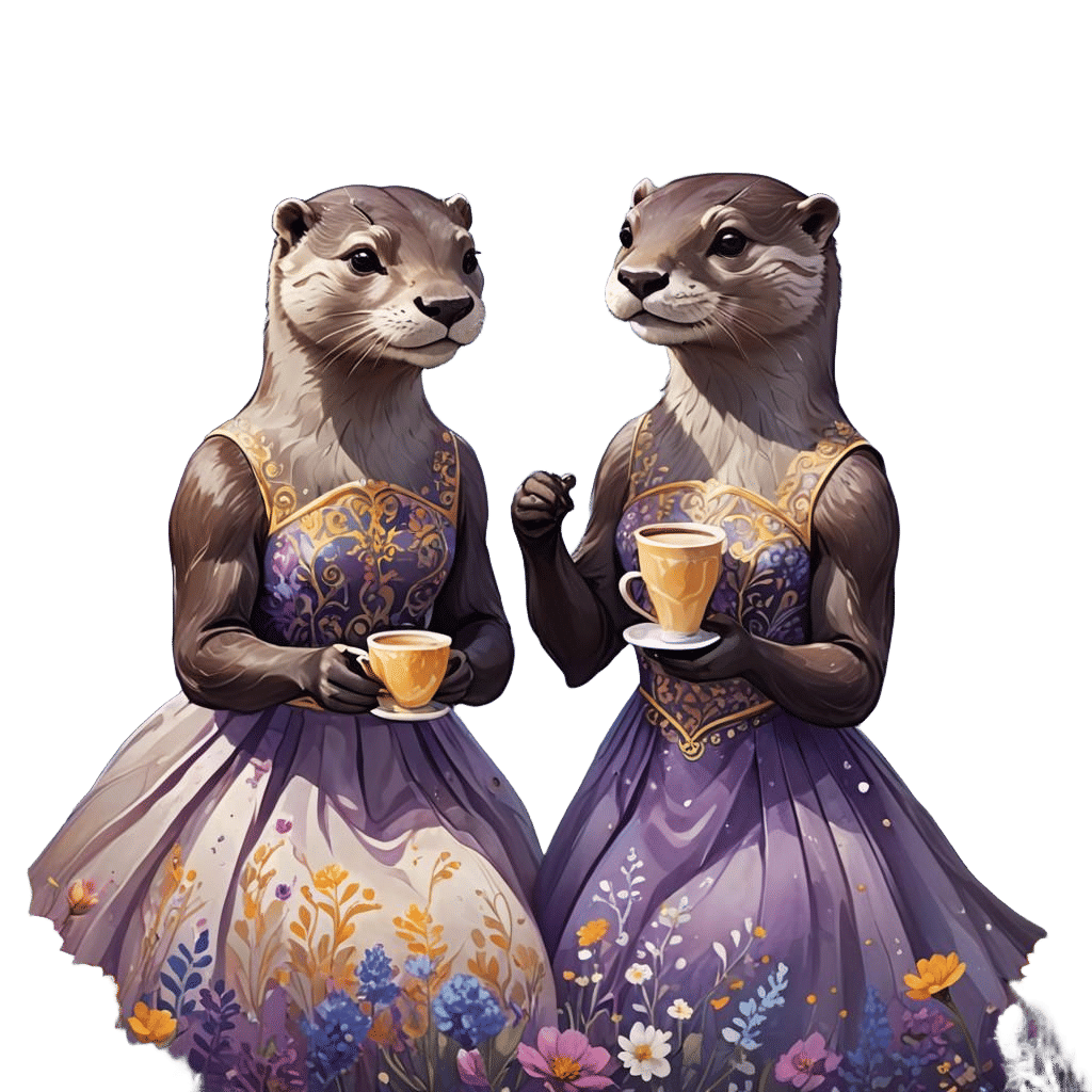 Smiling Otters Sip Coffee in Elegant Attire