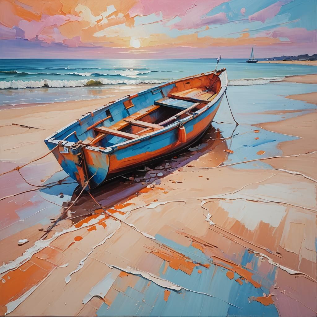 Vibrant Abstract Cutter on Sandy Beach Oil Painting