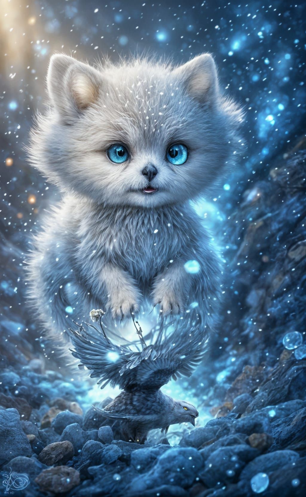 Snowy Owl Soars in Clear Mountains with Flowers