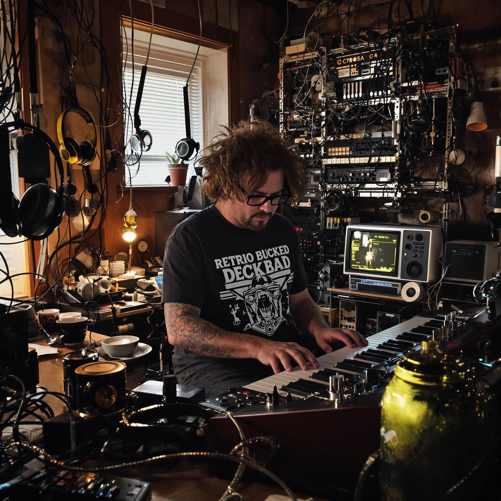 Surreal Musician in Cozy Retro Studio