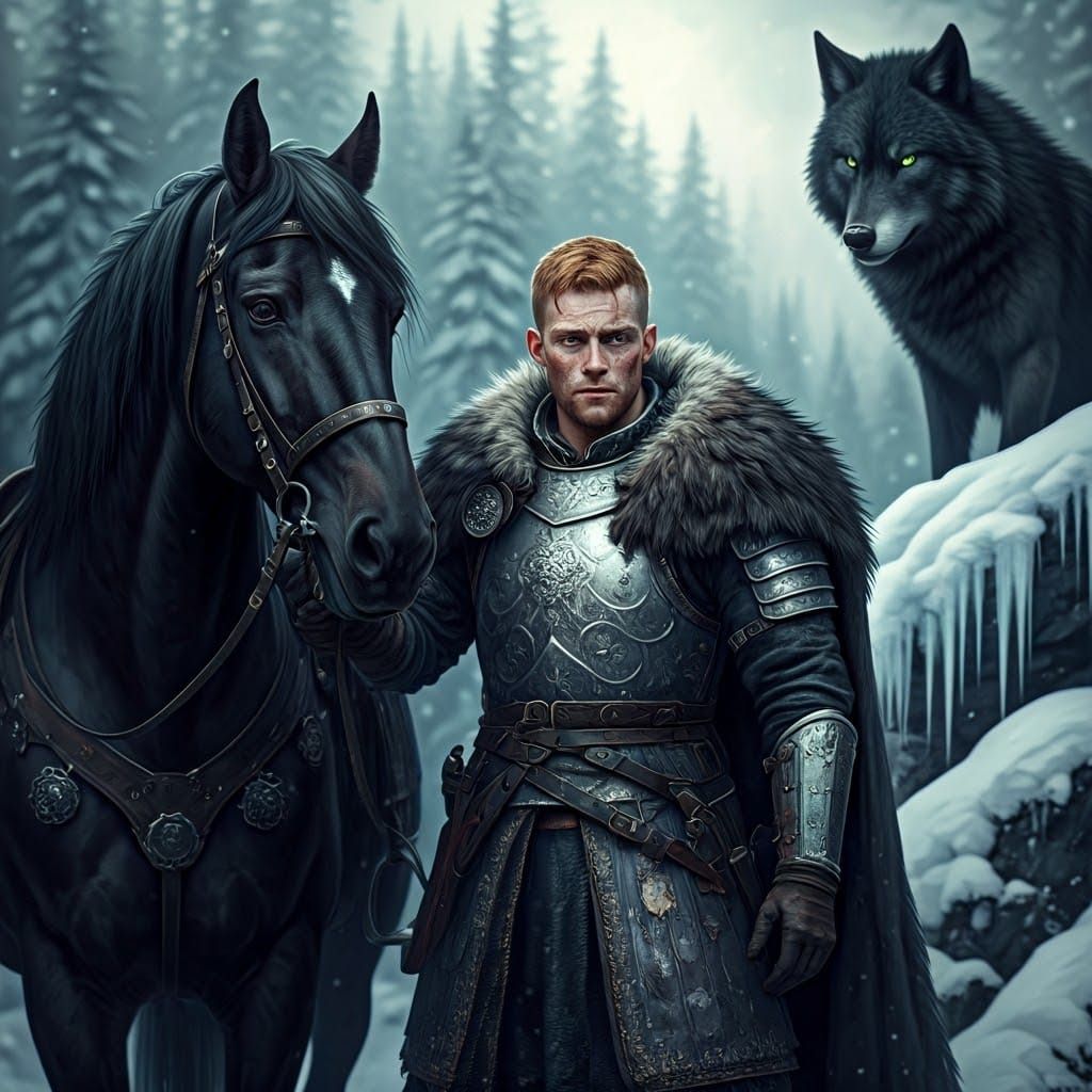 Dark Fantasy Warrior Amidst Snowy Woods