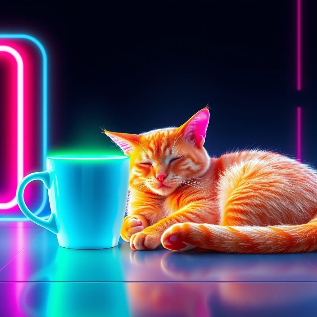 Neon Cat Dreams in Cyberpunk Coffee Shop