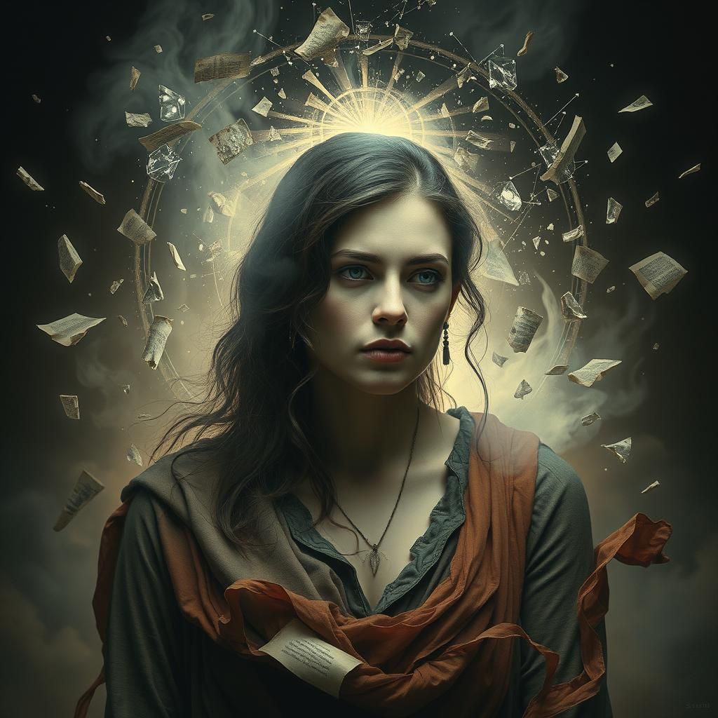 A Mysterious Woman Surrounded by Illusions and Shattered Gla...