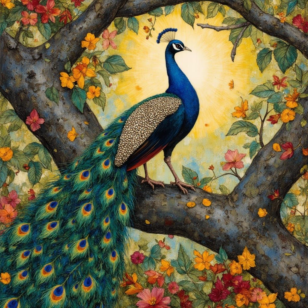 Art Nouveau Peacock in Tea Garden, Klimt Style
