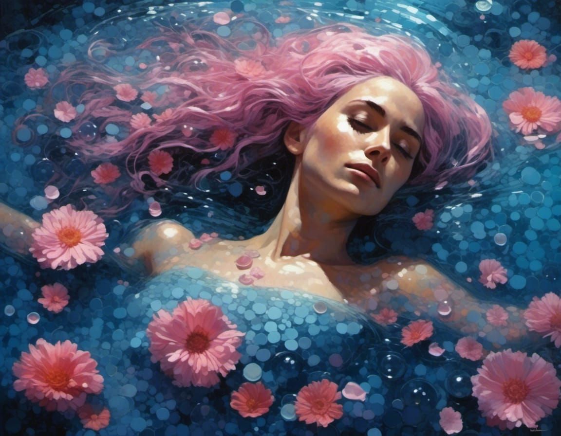 Woman in Bath with Flowing Blue Hair