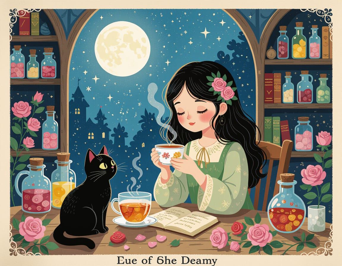 Dreamy Apothecary Scene with Girl and Black Cat