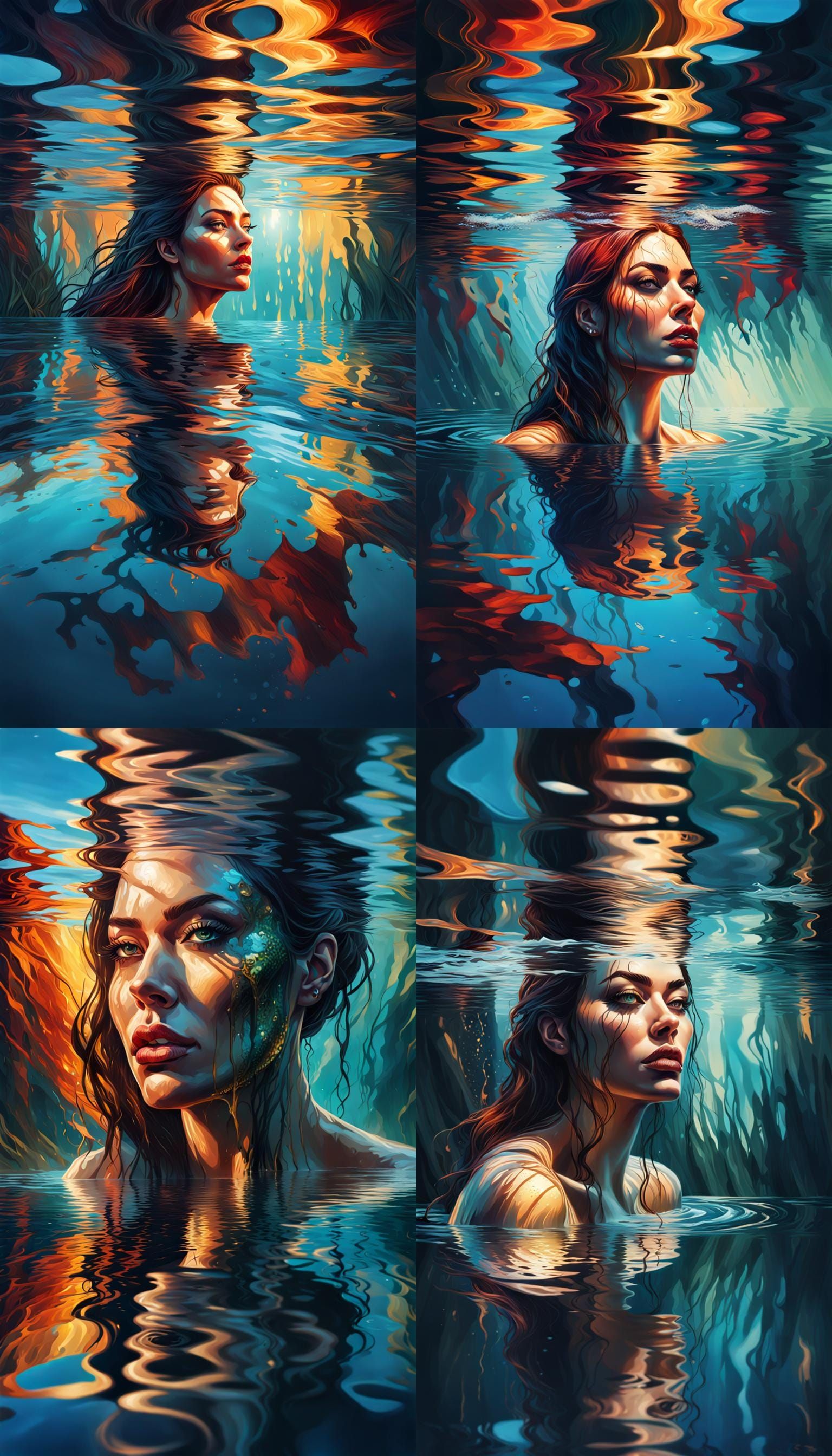 Beautiful Woman Reflected in Water as a Monstrous Entity