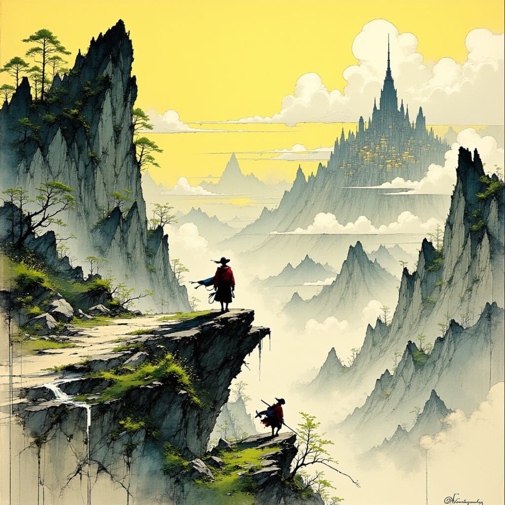 <lora:Akimora:1.0> Adventurers and explorers traversing a ru...