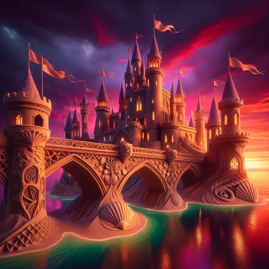 Enchanted Fantasy Sandcastle with Intricate Bridge and Tower