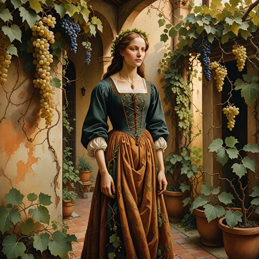Renaissance Masterpiece: Woman in Lush Courtyard