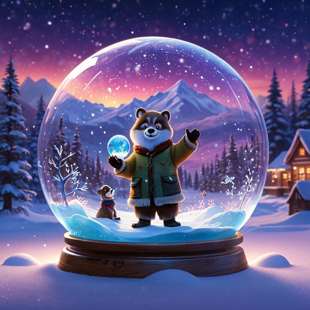 Eskimo in Vibrant Digital Wonderland with Snow Globe and Nor...