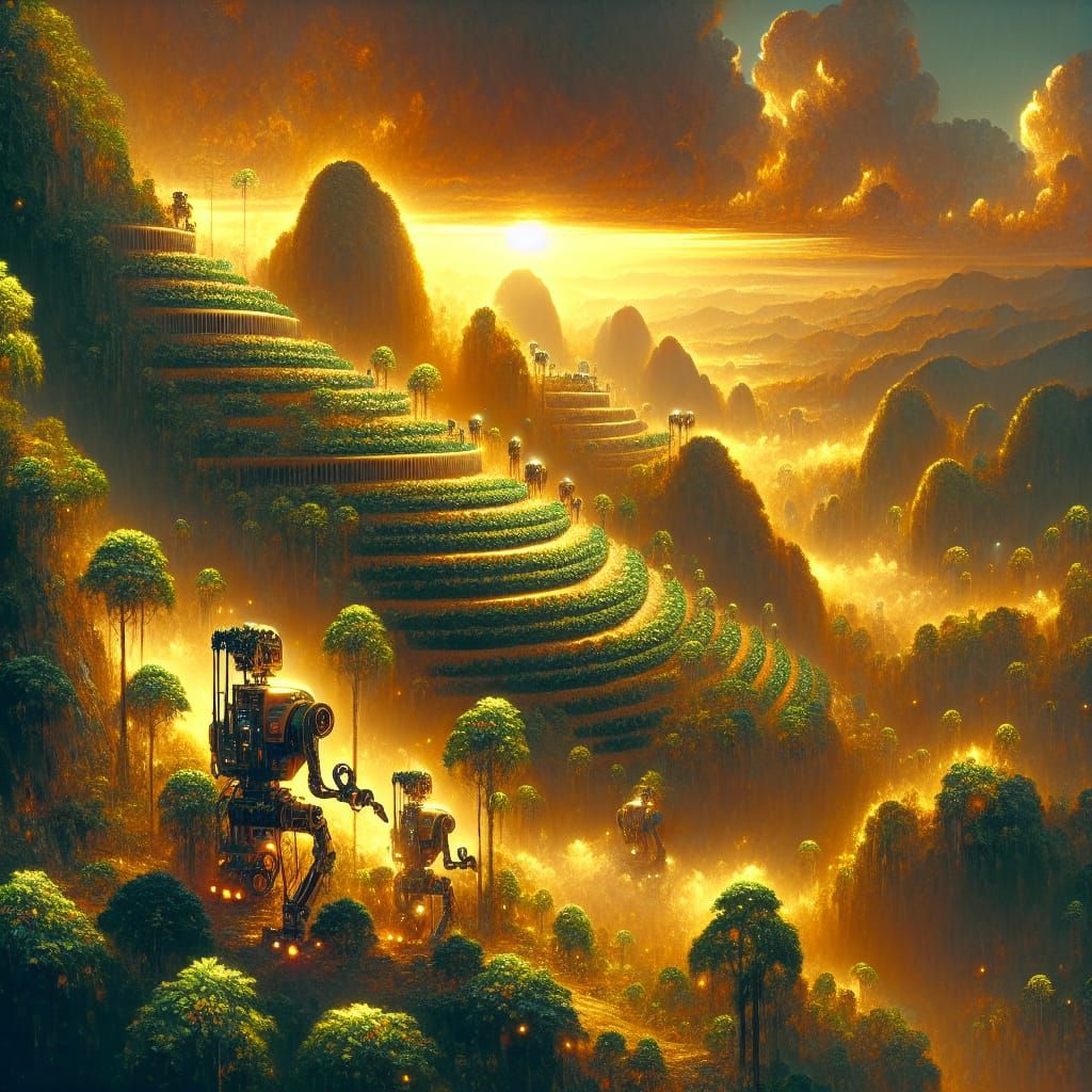 Robotic Coffee Plantation Amidst Golden Sunset