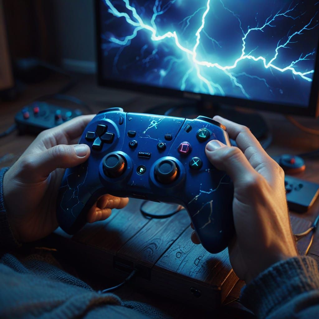 Gaming Controller Glows Amidst Lightning Storm