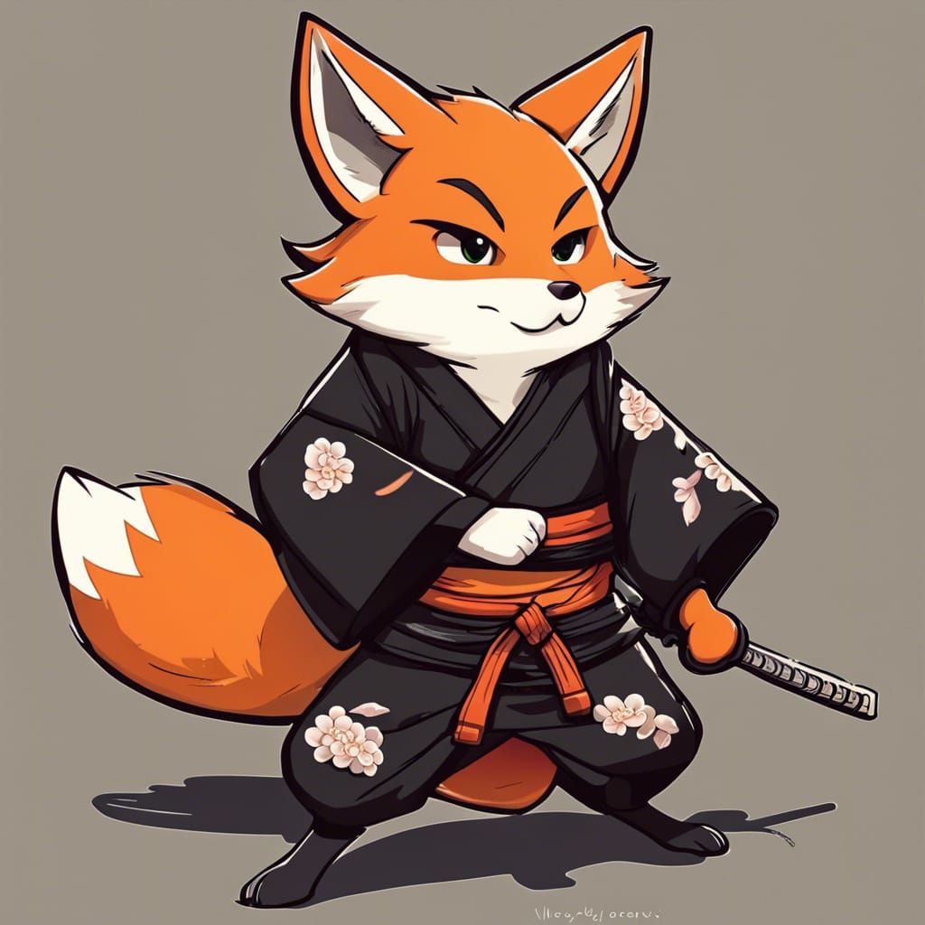 Japanese Anime Ninja Fox in Black Kimono