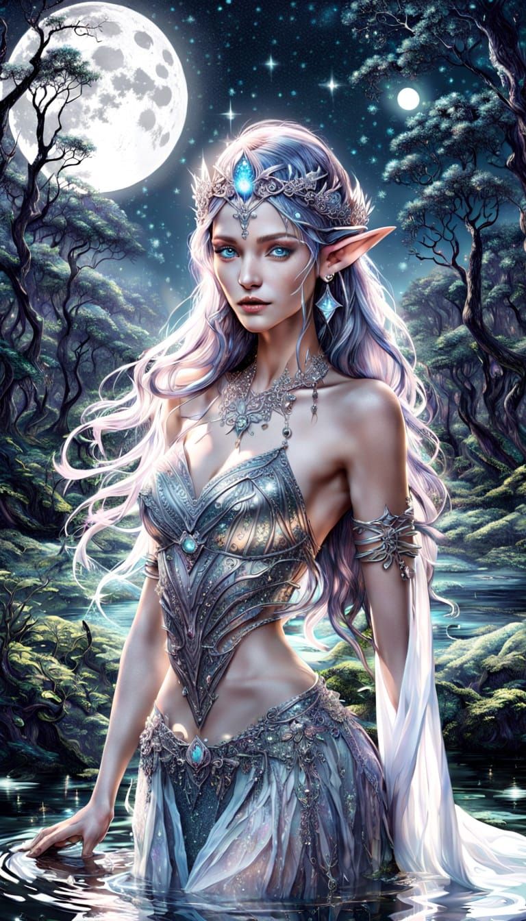 Elf Woman Bathes Under Moonlit Starry Sky