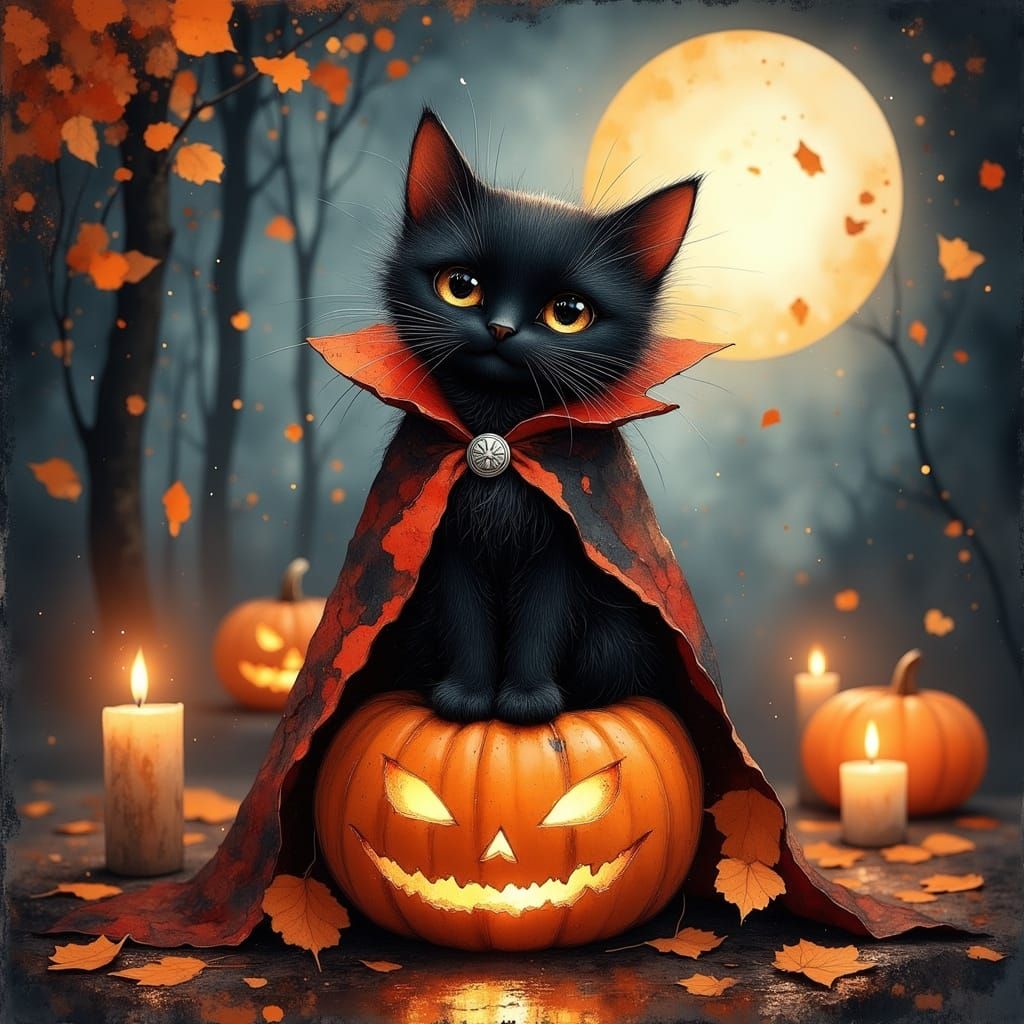 Fluffy Black Cat Vampire on Pumpkin