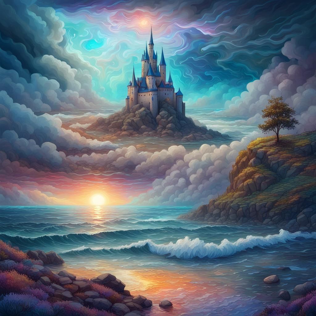 Cosmic Castle Amidst Stormy Skies and Ocean Waves