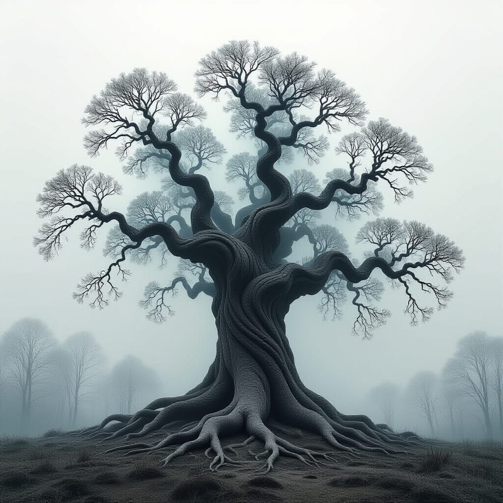 Hyperdimensional Tree with Plasma Surface Charcoal Drawing