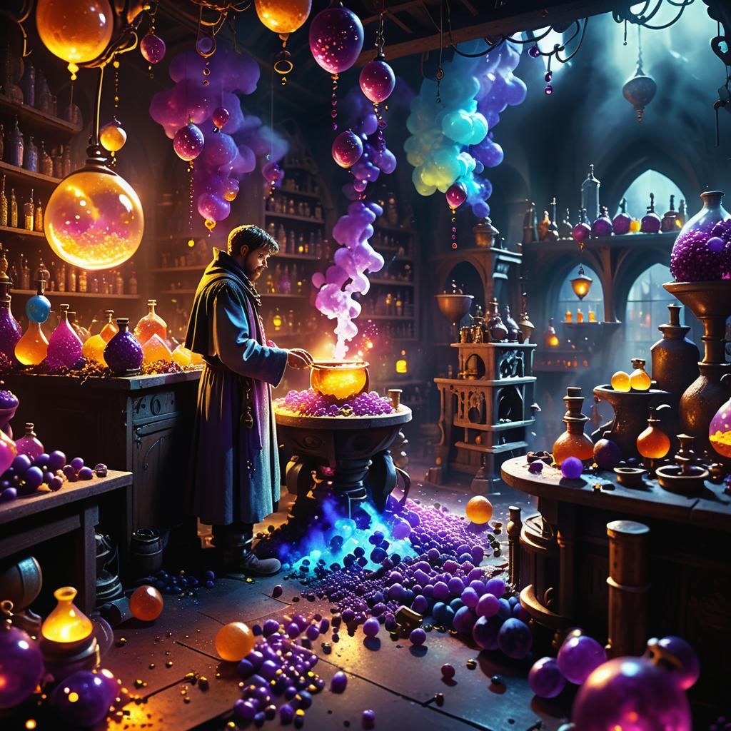 Magical Alchemist amidst Grape Candy Explosion in a Fantasti...