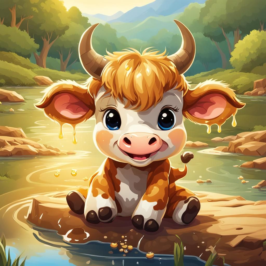 Cute Baby Cow Basks in Honey River